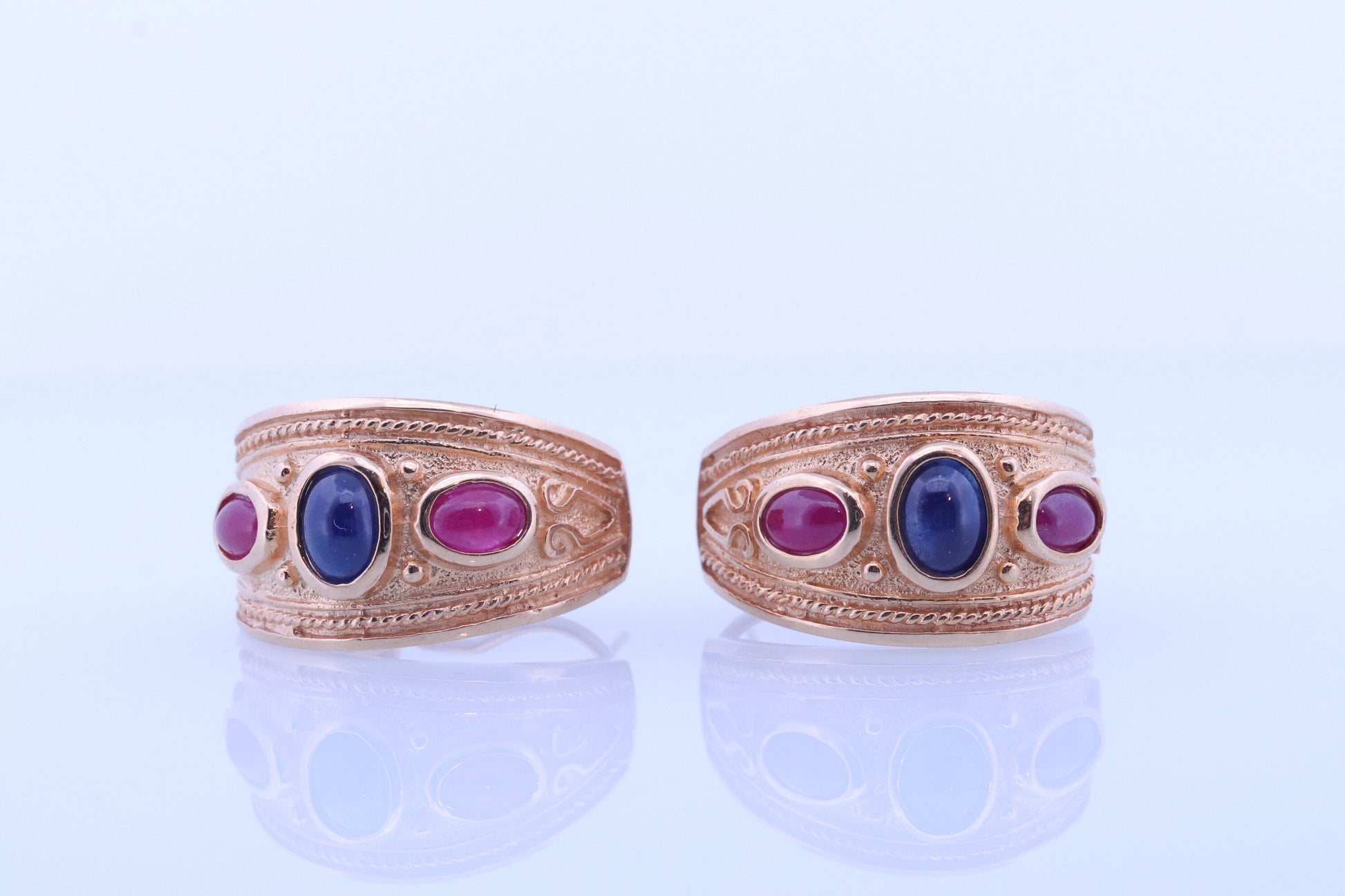 14k Ruby Sapphire Cabochon Byzantine Etruscan Earrings. 14k Gold Etruscan Revival Ruby Sapphire Dangle Bezel Set Omega Backs st(352)