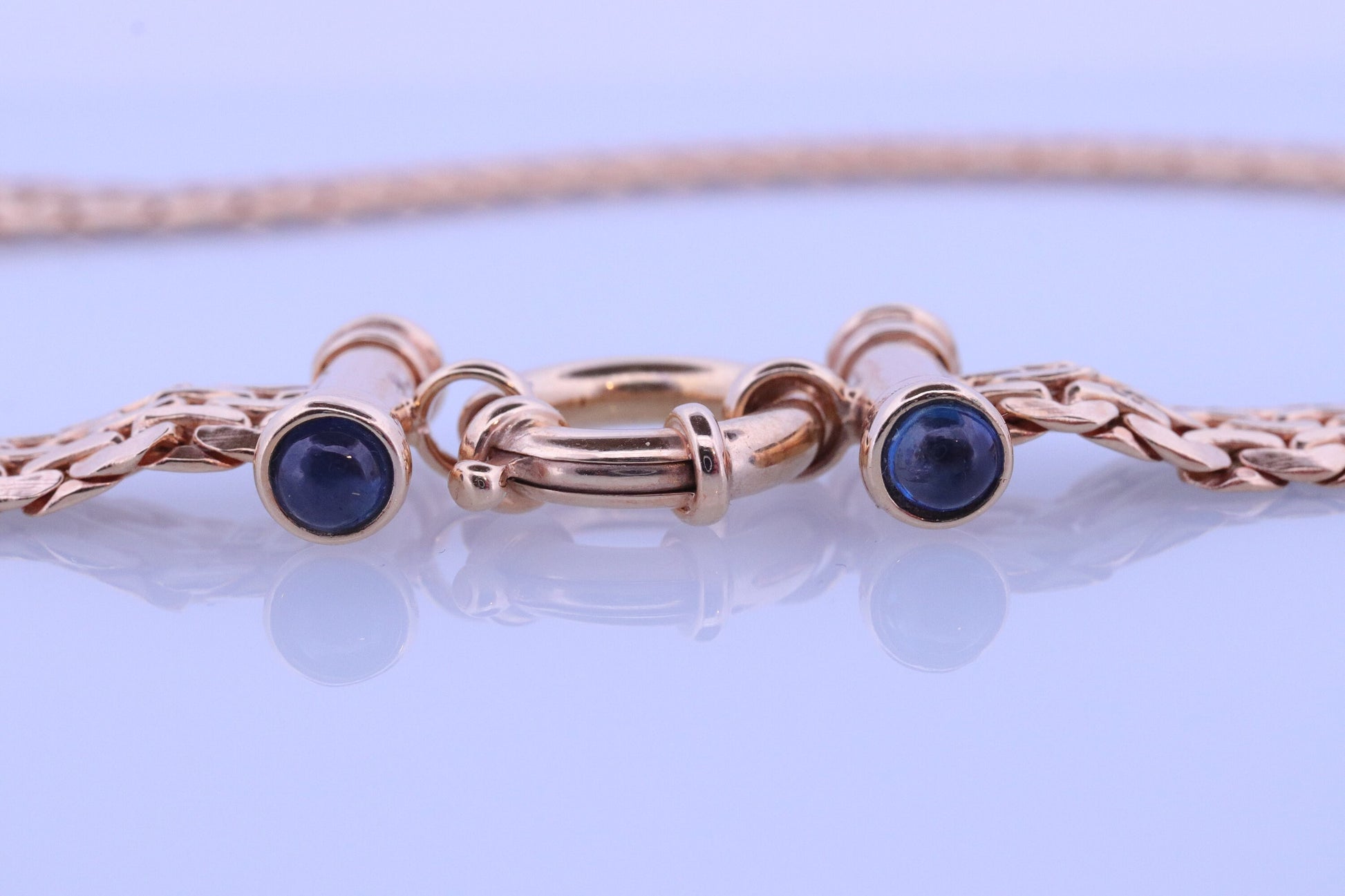 14k Yellow Bismark Chain Mesh Necklace. Sapphire Clasp Chain Mesh link Yellow gold Italian Byzantine Necklace. Sapphire Cabochon (st770)