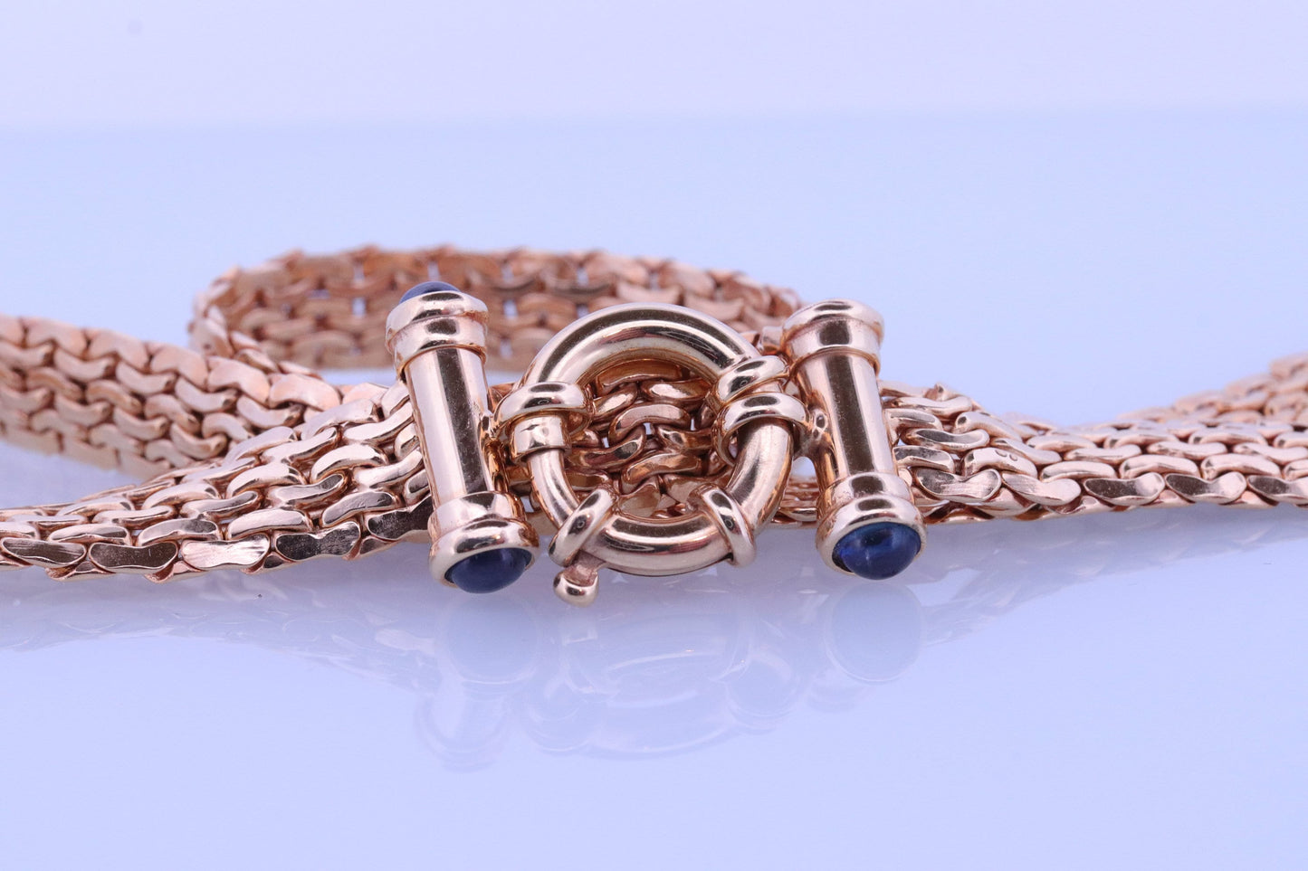 14k Yellow Bismark Chain Mesh Necklace. Sapphire Clasp Chain Mesh link Yellow gold Italian Byzantine Necklace. Sapphire Cabochon (st770)