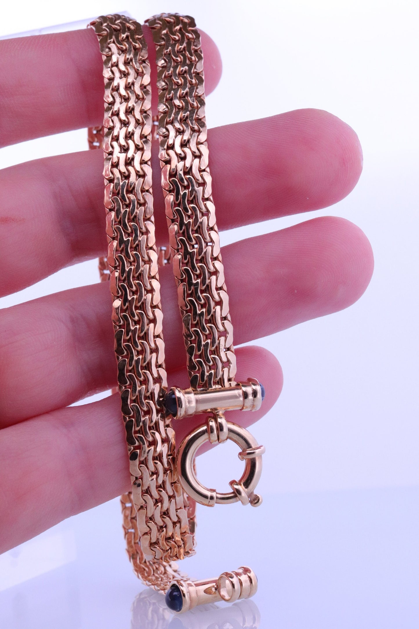 14k Yellow Bismark Chain Mesh Necklace. Sapphire Clasp Chain Mesh link Yellow gold Italian Byzantine Necklace. Sapphire Cabochon (st770)