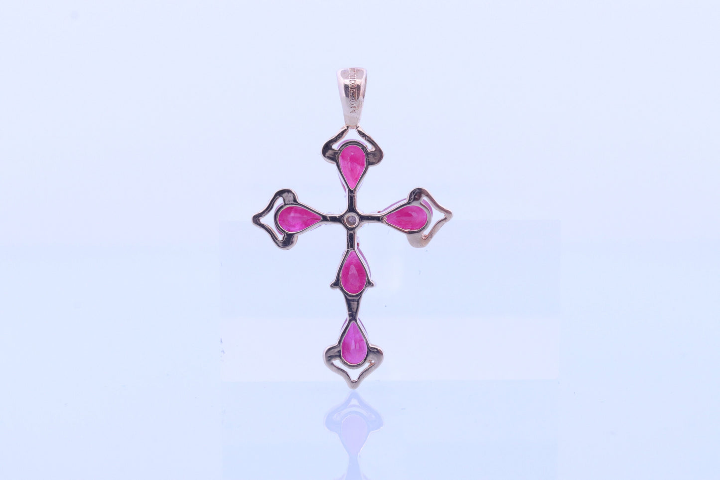 14k Ruby Cross Pendant. Ruby Diamond Crucifix Christian Pear cut set rubies. st(46)