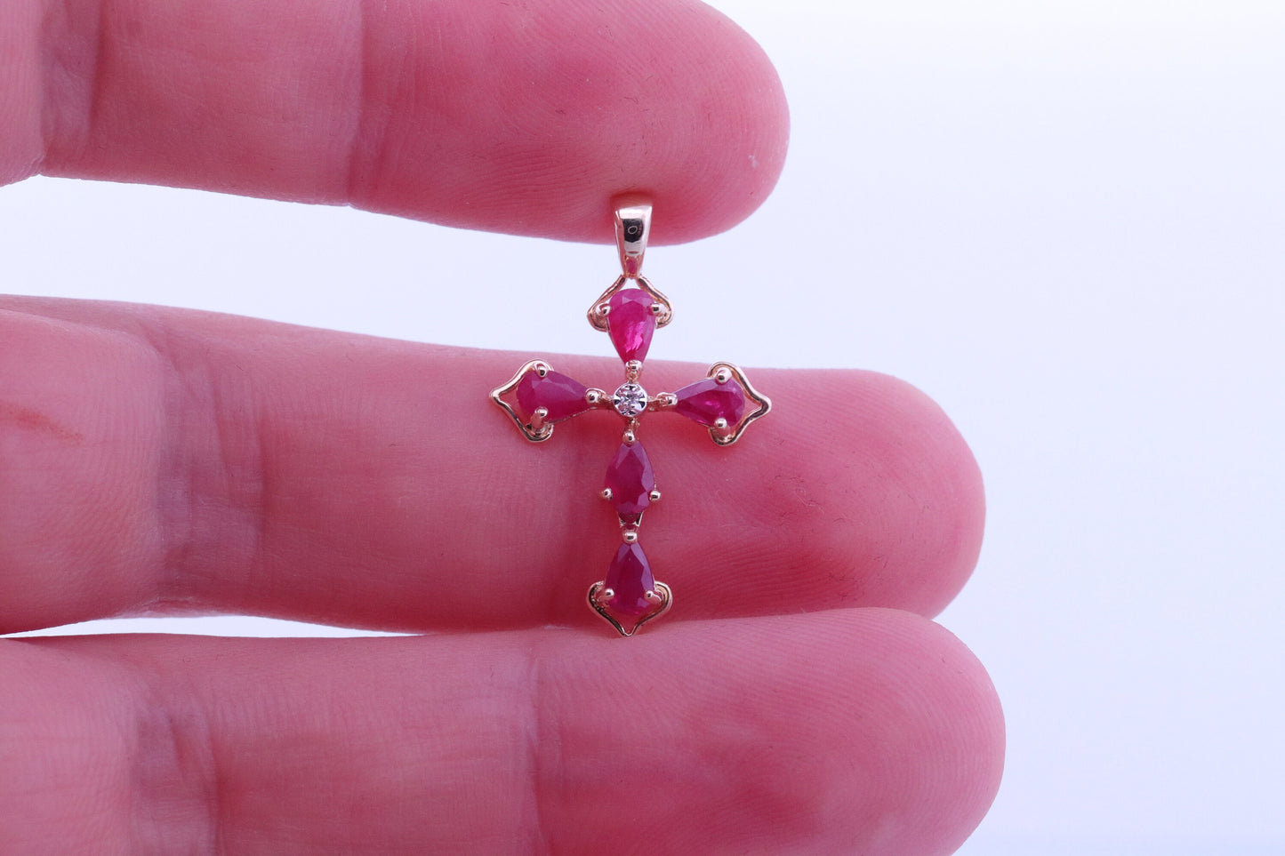 14k Ruby Cross Pendant. Ruby Diamond Crucifix Christian Pear cut set rubies. st(46)