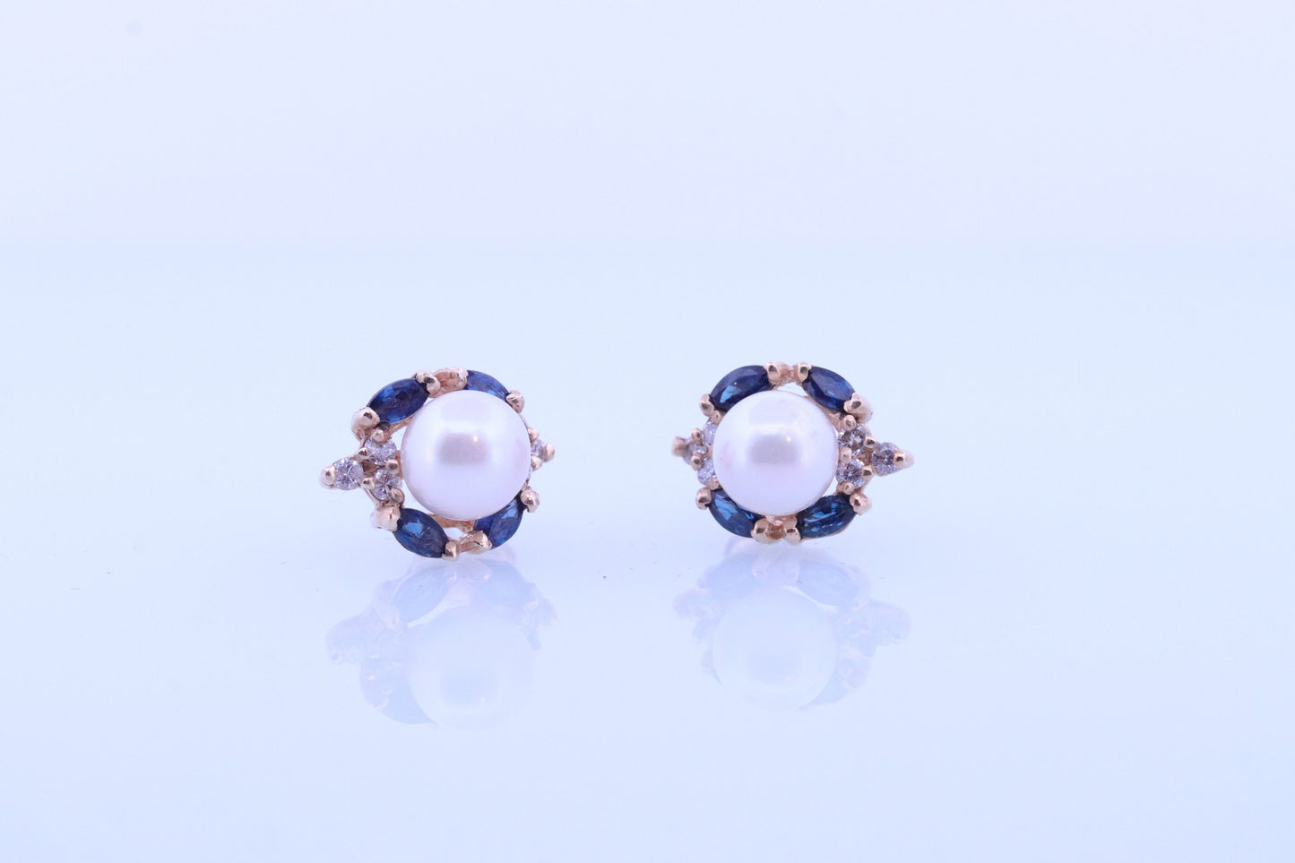 14k Pearl Diamond Sapphire stud earrings. Halo Pearl Diamond Blue Sapphire Elegant and Dainty Pearl diamond studs. st(61)