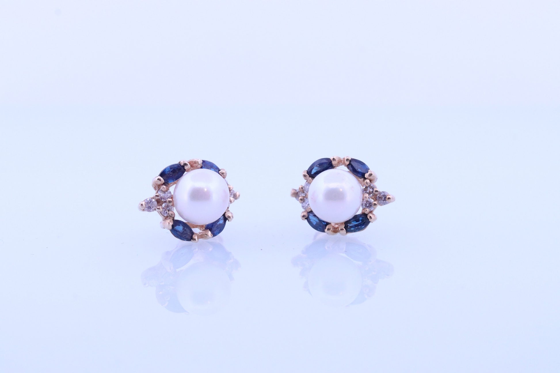 14k Pearl Diamond Sapphire stud earrings. Halo Pearl Diamond Blue Sapphire Elegant and Dainty Pearl diamond studs. st(61)