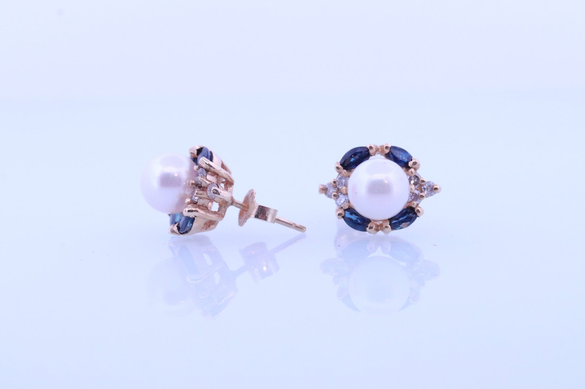 14k Pearl Diamond Sapphire stud earrings. Halo Pearl Diamond Blue Sapphire Elegant and Dainty Pearl diamond studs. st(61)