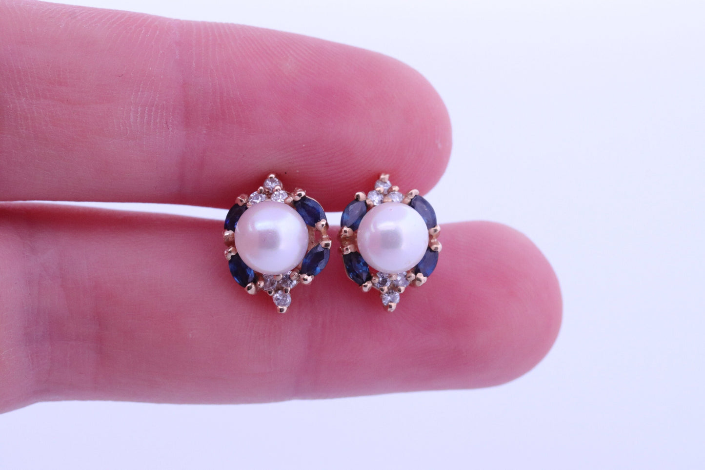 14k Pearl Diamond Sapphire stud earrings. Halo Pearl Diamond Blue Sapphire Elegant and Dainty Pearl diamond studs. st(61)