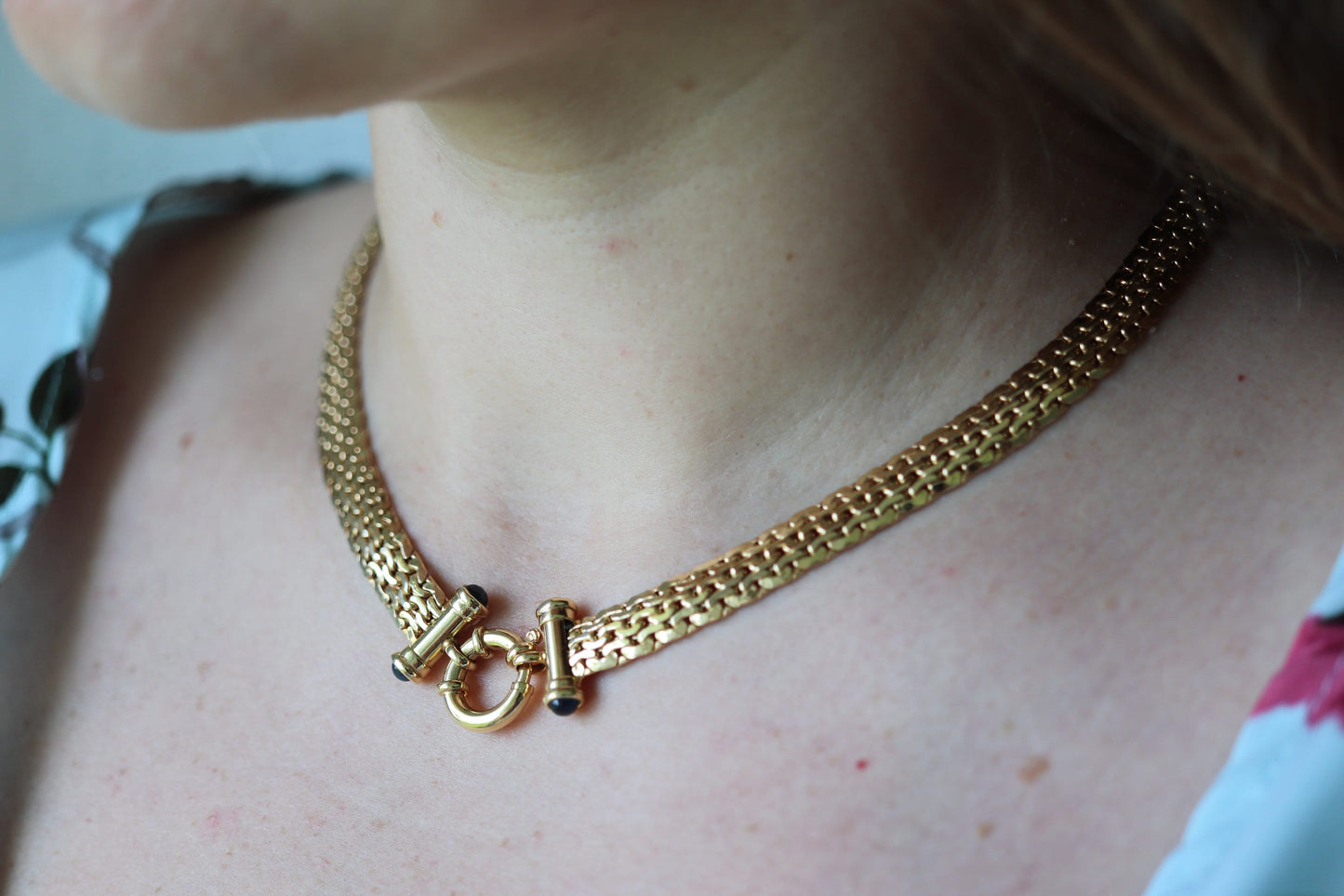 14k Yellow Bismark Chain Mesh Necklace. Sapphire Clasp Chain Mesh link Yellow gold Italian Byzantine Necklace. Sapphire Cabochon (st770)