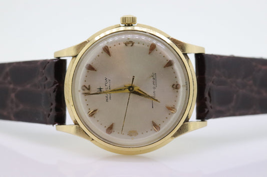 HAMILTON THIN o MATIC Watch. 14k Yellow Gold Round Hamilton wristwatch. Hamilton 956167 Mens watch.