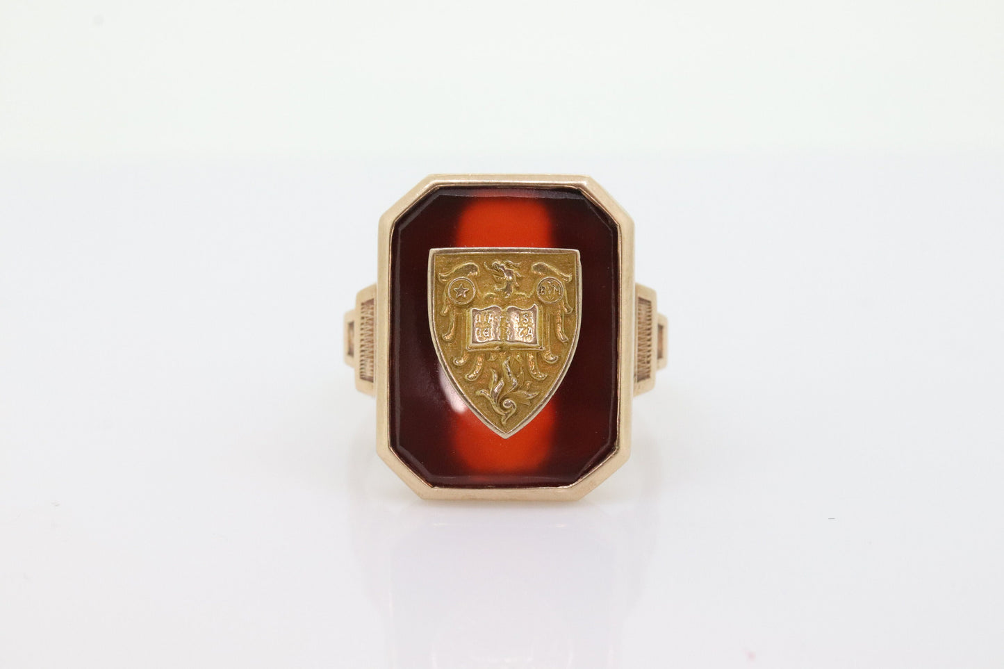 10k Crest ring. 10k Art Deco Carnelian Family Crest Shield ring. Square Carnelian Glass ring. st(112)