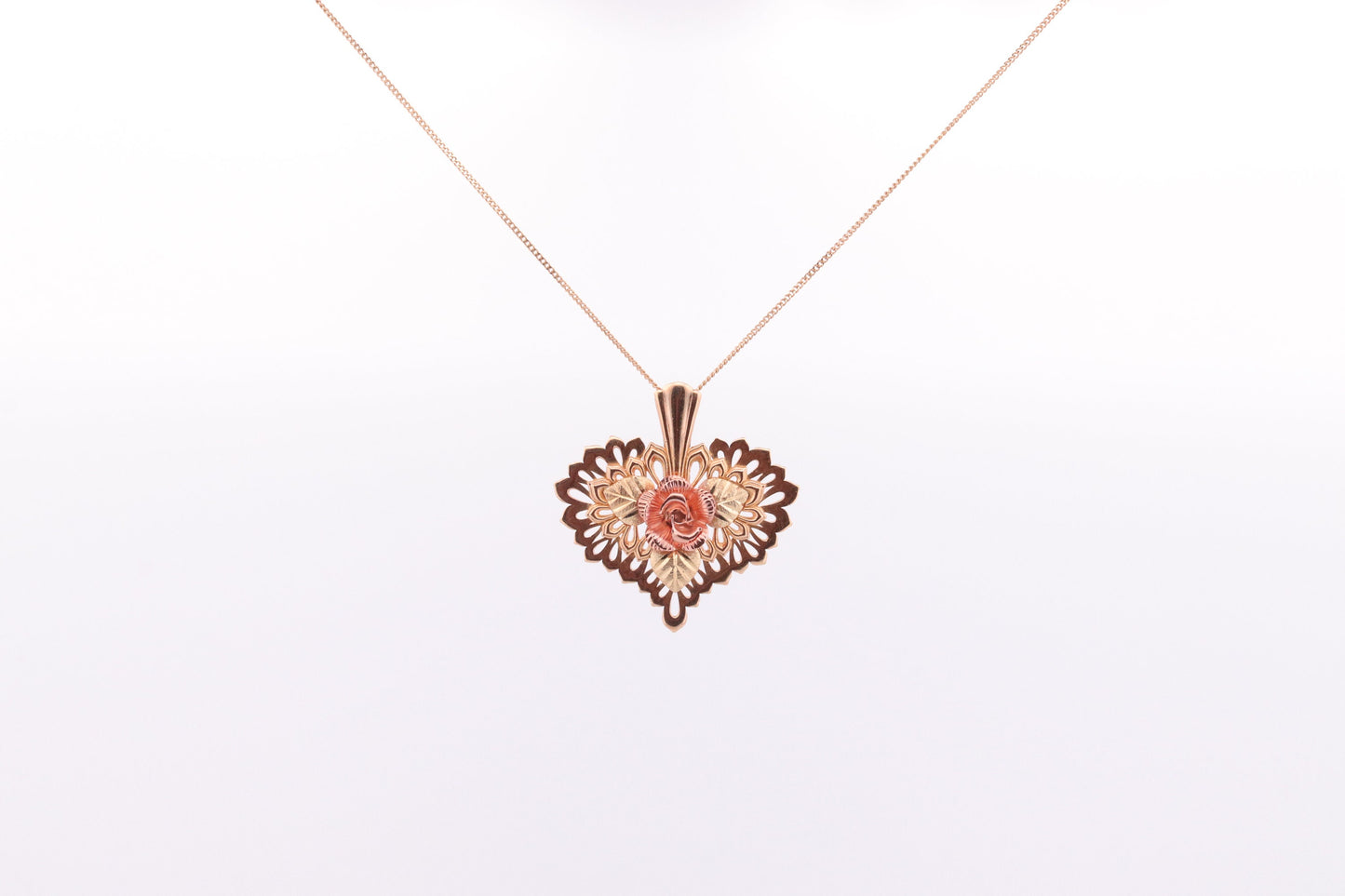 Black Hills Gold Heart Necklace. Large Open Filigree Heart with Rose. 10k multi tone Black Hills Gold. st(60)