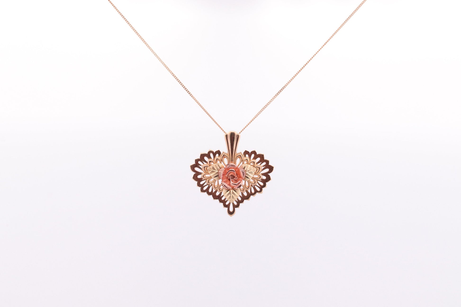 Black Hills Gold Heart Necklace. Large Open Filigree Heart with Rose. 10k multi tone Black Hills Gold. st(60)