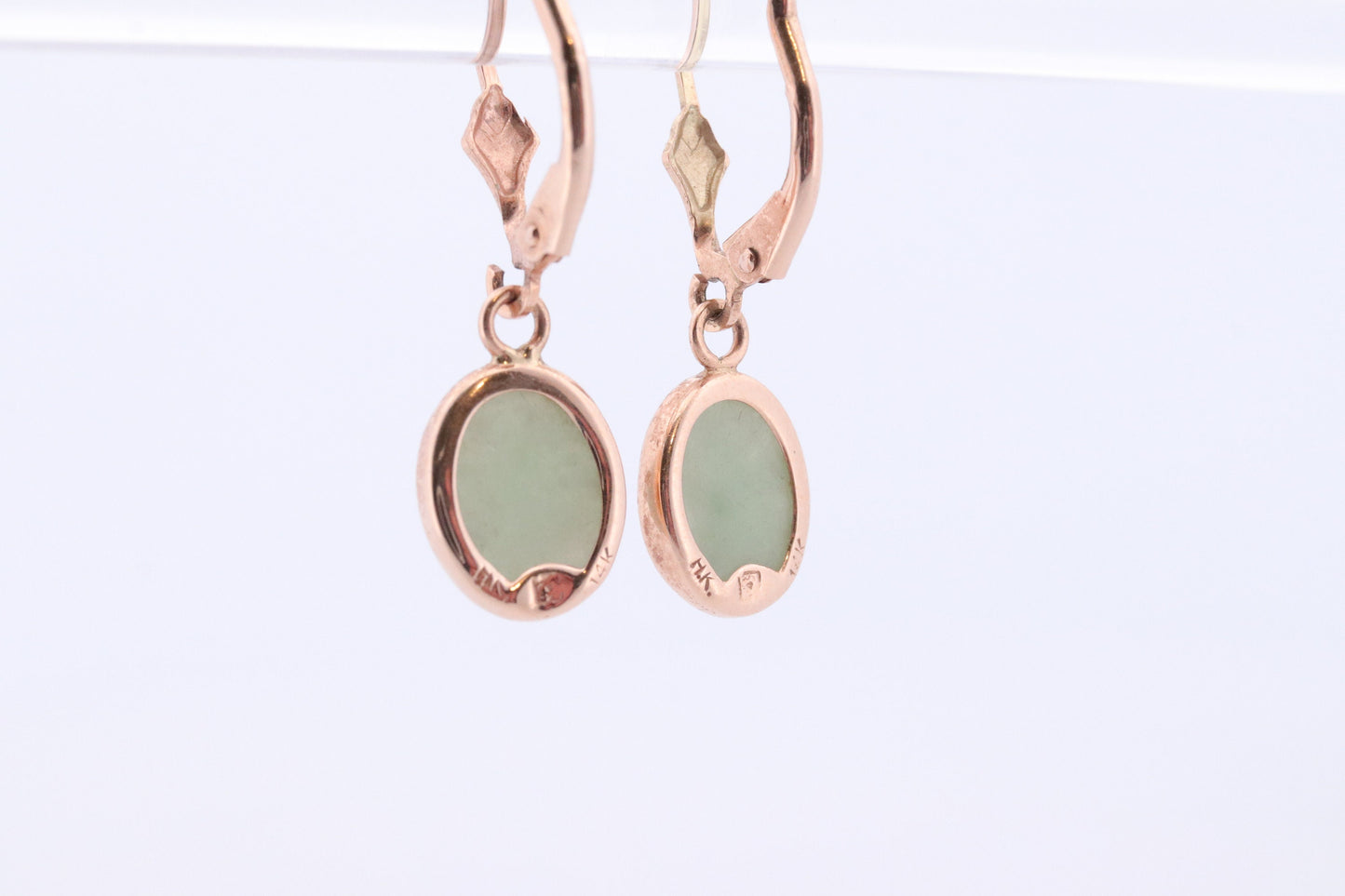 14k Green Jade dangle earrings. Oval Bezel set Jade earrings. st(78)