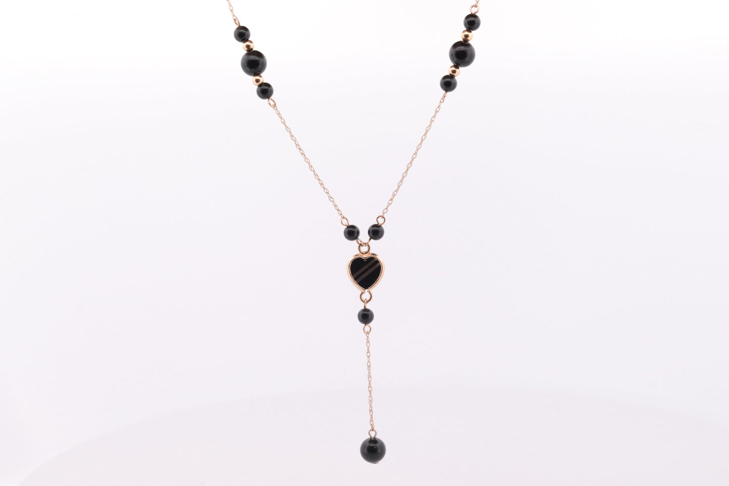 14k Onyx Bead Dangle Heart Necklace. 14k gold Onyx Beaded necklace st(46)