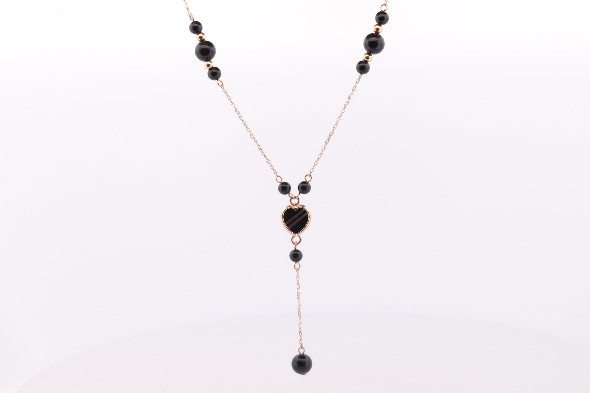 14k Onyx Bead Dangle Heart Necklace. 14k gold Onyx Beaded necklace st(46)