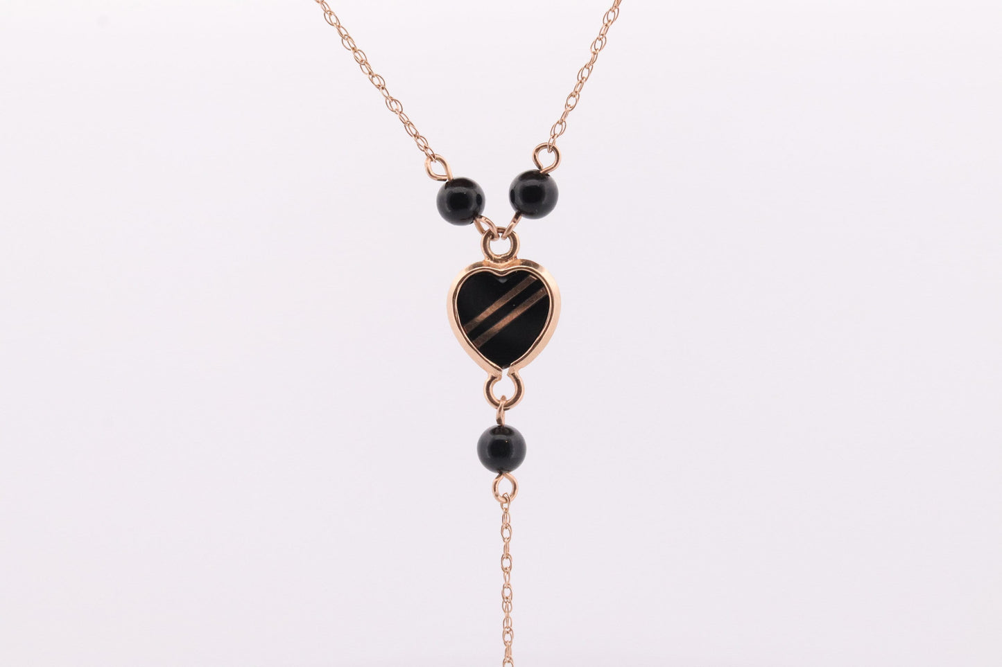 14k Onyx Bead Dangle Heart Necklace. 14k gold Onyx Beaded necklace st(46)