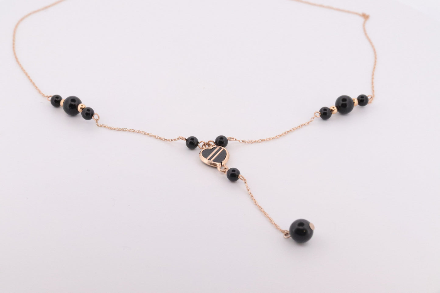 14k Onyx Bead Dangle Heart Necklace. 14k gold Onyx Beaded necklace st(46)