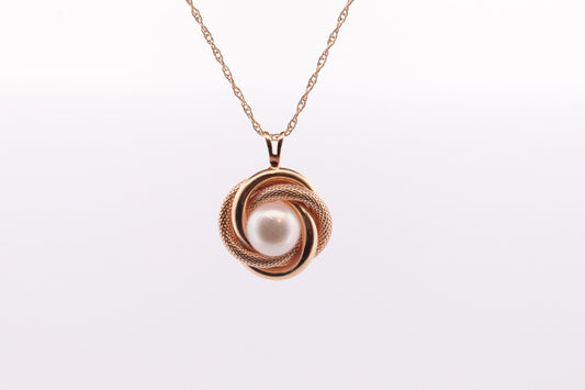 14k Pearl Rope coil Necklace. Pearl Love Knot Pendant Necklace.