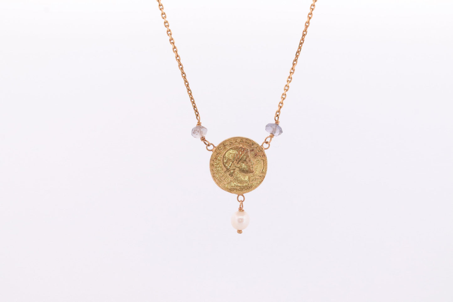14k Gold Roman Coin Bead and Pearl Necklace. 14k Roman coin station Pearl 14k Necklace st(150)