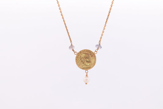 14k Gold Roman Coin Bead and Pearl Necklace. 14k Roman coin station Pearl 14k Necklace st(150)