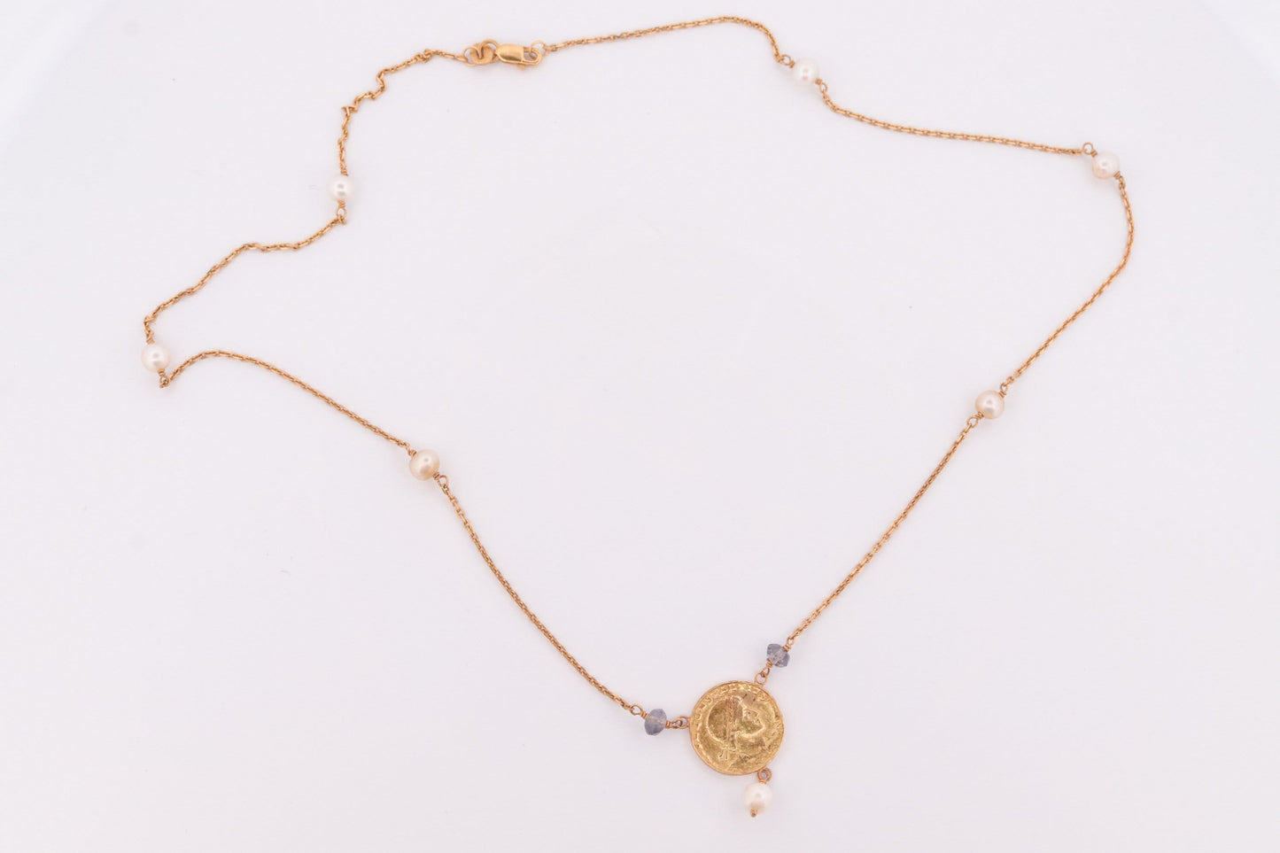 14k Gold Roman Coin Bead and Pearl Necklace. 14k Roman coin station Pearl 14k Necklace st(150)