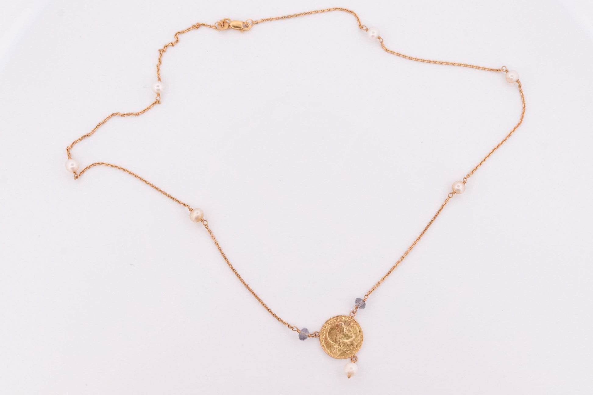 14k Gold Roman Coin Bead and Pearl Necklace. 14k Roman coin station Pearl 14k Necklace st(150)