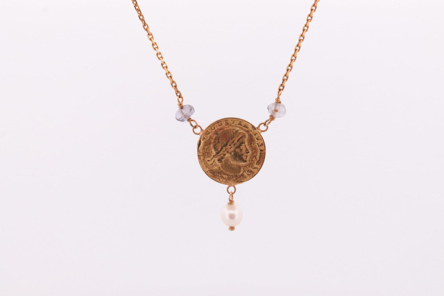 14k Gold Roman Coin Bead and Pearl Necklace. 14k Roman coin station Pearl 14k Necklace st(150)