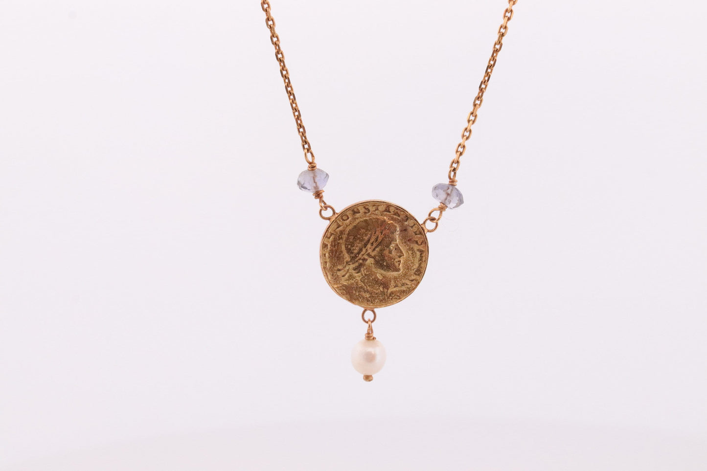 14k Gold Roman Coin Bead and Pearl Necklace. 14k Roman coin station Pearl 14k Necklace st(150)