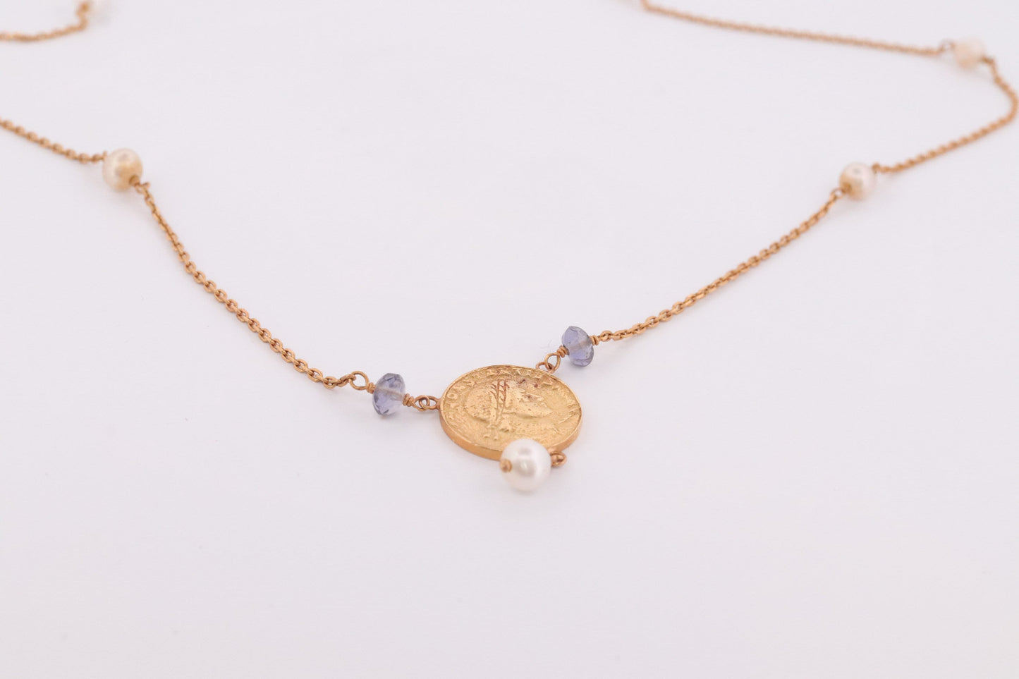 14k Gold Roman Coin Bead and Pearl Necklace. 14k Roman coin station Pearl 14k Necklace st(150)