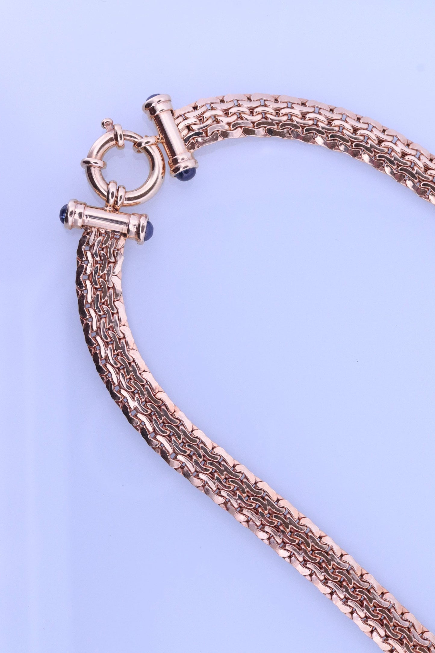 14k Yellow Bismark Chain Mesh Necklace. Sapphire Clasp Chain Mesh link Yellow gold Italian Byzantine Necklace. Sapphire Cabochon (st770)