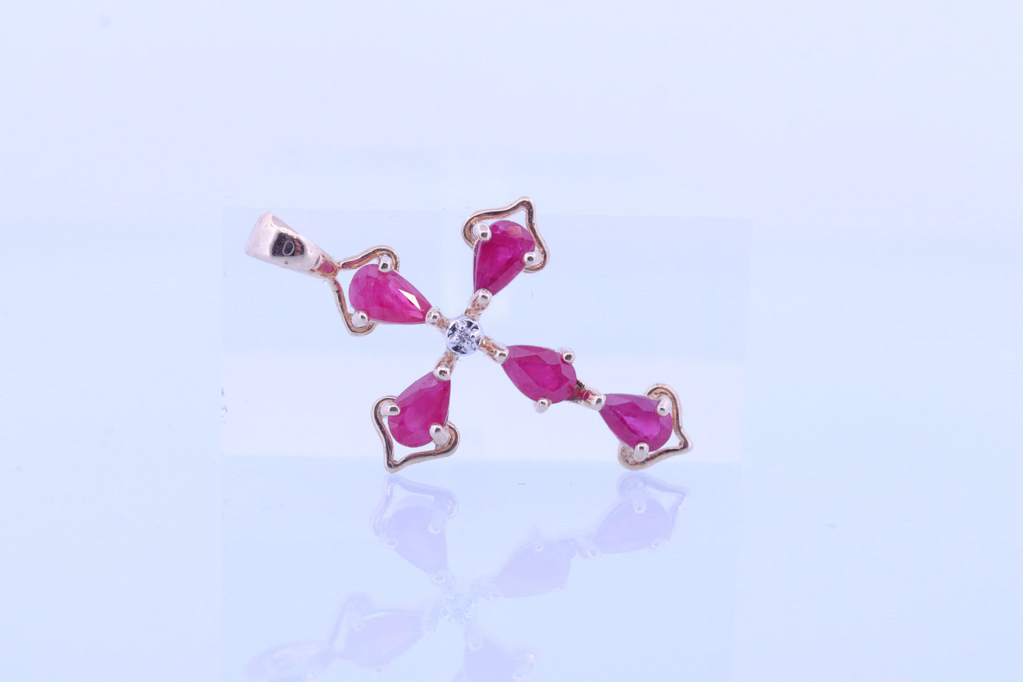14k Ruby Cross Pendant. Ruby Diamond Crucifix Christian Pear cut set rubies. st(46)