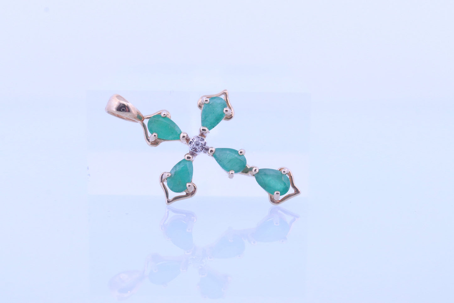 14k Emerald Cross Pendant. Emerald Diamond Crucifix Christian Pear cut set Emeralds. st(48)
