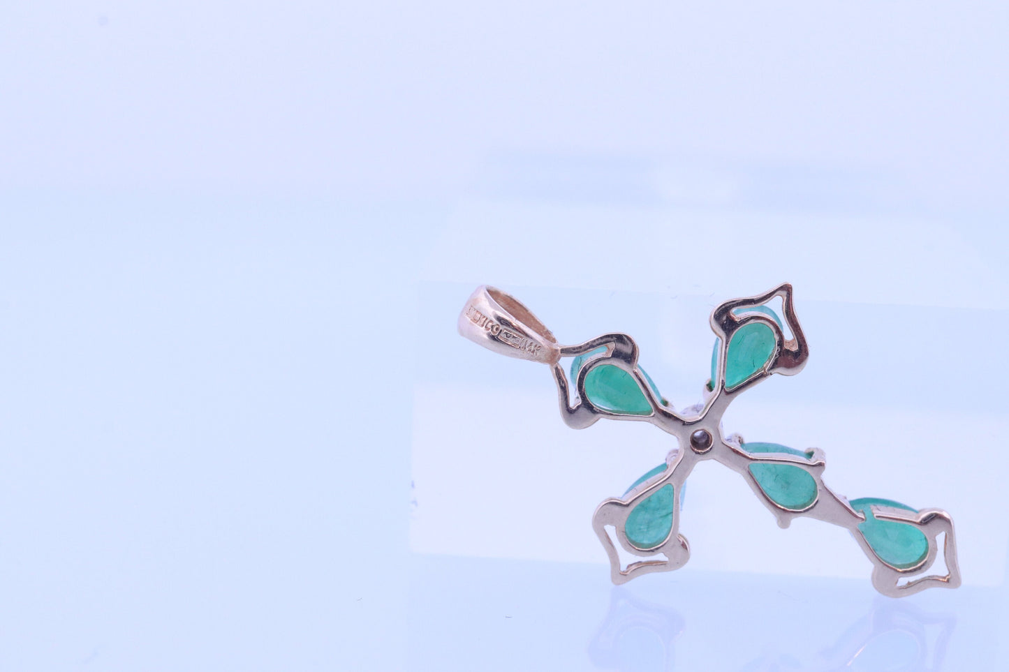 14k Emerald Cross Pendant. Emerald Diamond Crucifix Christian Pear cut set Emeralds. st(48)