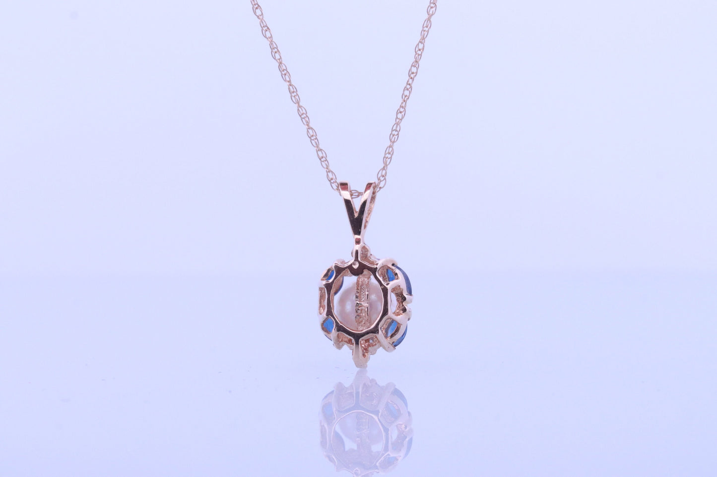 Pearl Sapphire diamond pendant. 14k Pearl Genuine diamond Sapphire halo pendant with rope necklace. Pearl Halo pendant Yellow gold. st(61)