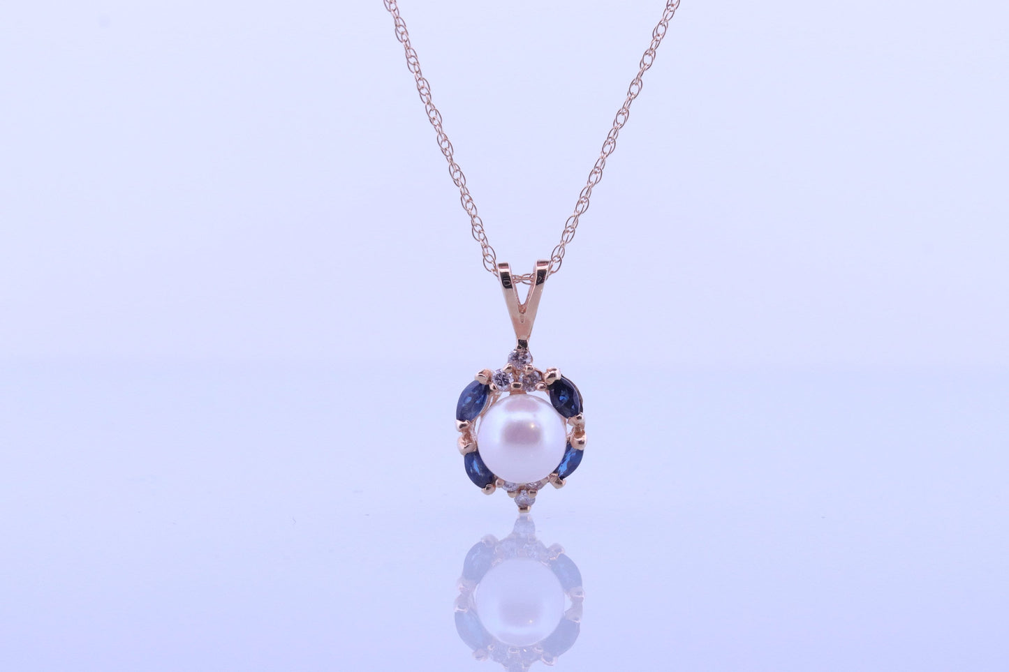 Pearl Sapphire diamond pendant. 14k Pearl Genuine diamond Sapphire halo pendant with rope necklace. Pearl Halo pendant Yellow gold. st(61)