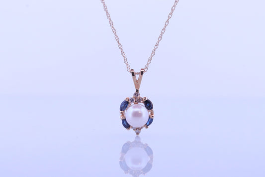 Pearl Sapphire diamond pendant. 14k Pearl Genuine diamond Sapphire halo pendant with rope necklace. Pearl Halo pendant Yellow gold. st(61)