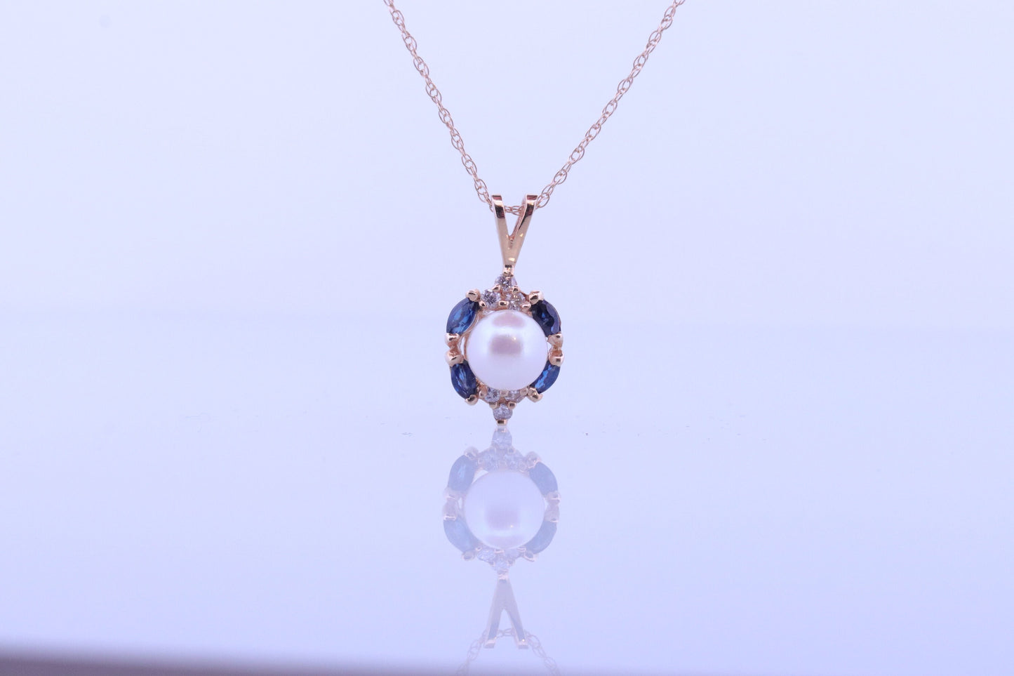 Pearl Sapphire diamond pendant. 14k Pearl Genuine diamond Sapphire halo pendant with rope necklace. Pearl Halo pendant Yellow gold. st(61)