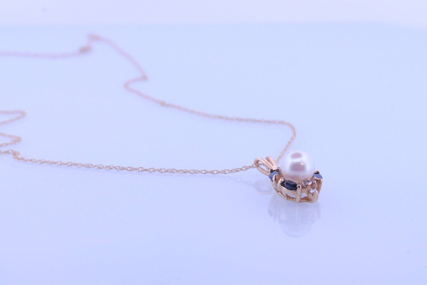 Pearl Sapphire diamond pendant. 14k Pearl Genuine diamond Sapphire halo pendant with rope necklace. Pearl Halo pendant Yellow gold. st(61)