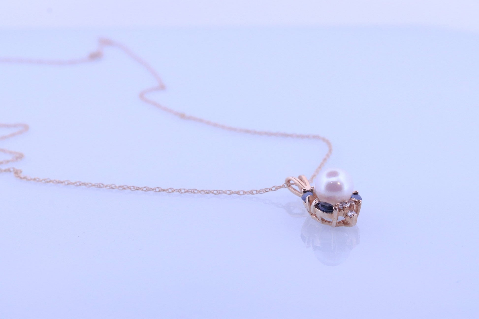Pearl Sapphire diamond pendant. 14k Pearl Genuine diamond Sapphire halo pendant with rope necklace. Pearl Halo pendant Yellow gold. st(61)
