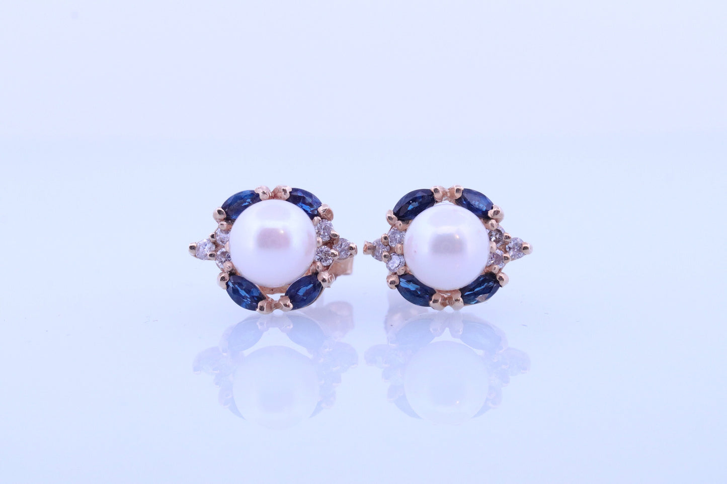14k Pearl Diamond Sapphire stud earrings. Halo Pearl Diamond Blue Sapphire Elegant and Dainty Pearl diamond studs. st(61)