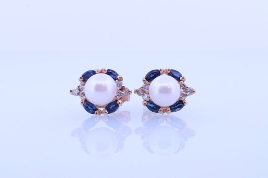 14k Pearl Diamond Sapphire stud earrings. Halo Pearl Diamond Blue Sapphire Elegant and Dainty Pearl diamond studs. st(61)