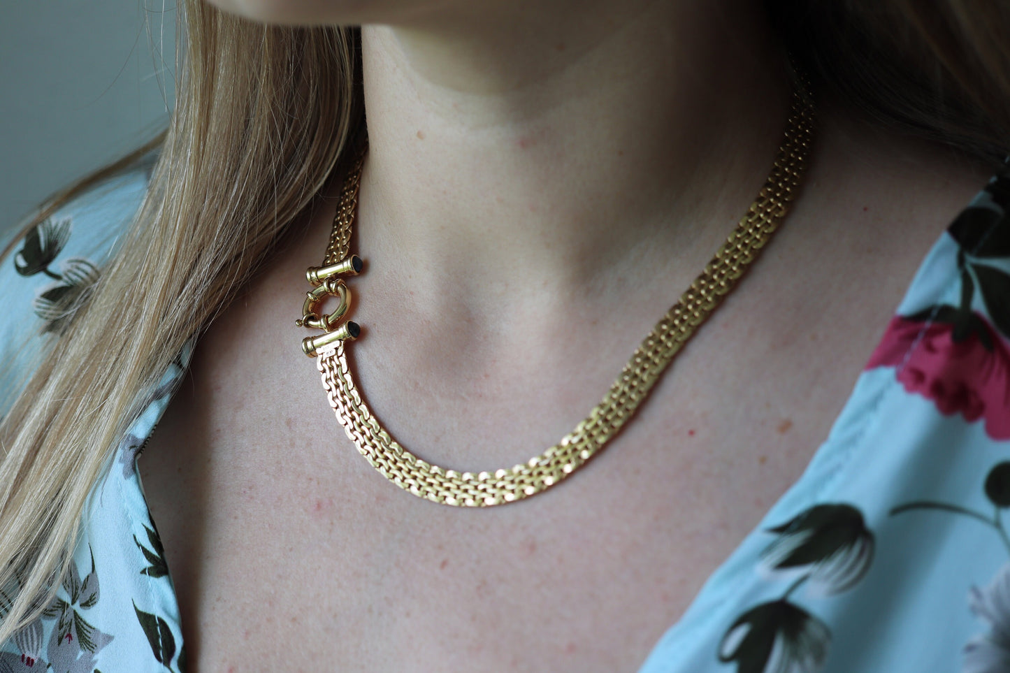 14k Yellow Bismark Chain Mesh Necklace. Sapphire Clasp Chain Mesh link Yellow gold Italian Byzantine Necklace. Sapphire Cabochon (st770)