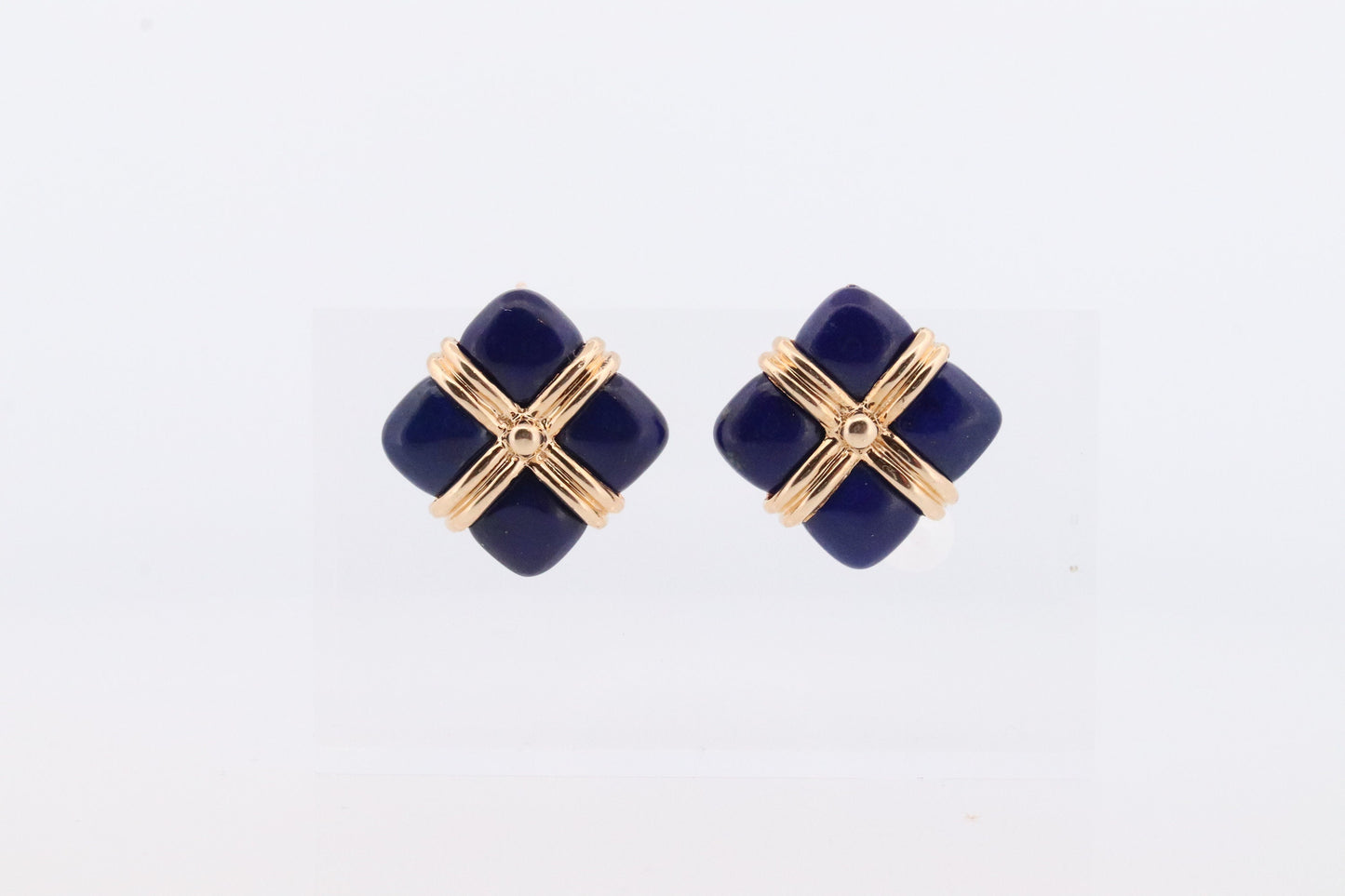 14k Lapis Lazuli earrings. GIFT square wrapped presents Blue Lapis Lazuli Stud gold earrings. Carved Lapis Studs. st(124)