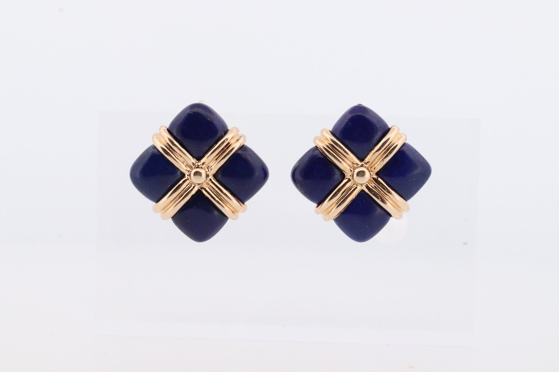 14k Lapis Lazuli earrings. GIFT square wrapped presents Blue Lapis Lazuli Stud gold earrings. Carved Lapis Studs. st(124)