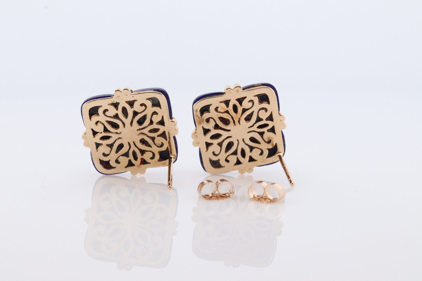 14k Lapis Lazuli earrings. GIFT square wrapped presents Blue Lapis Lazuli Stud gold earrings. Carved Lapis Studs. st(124)