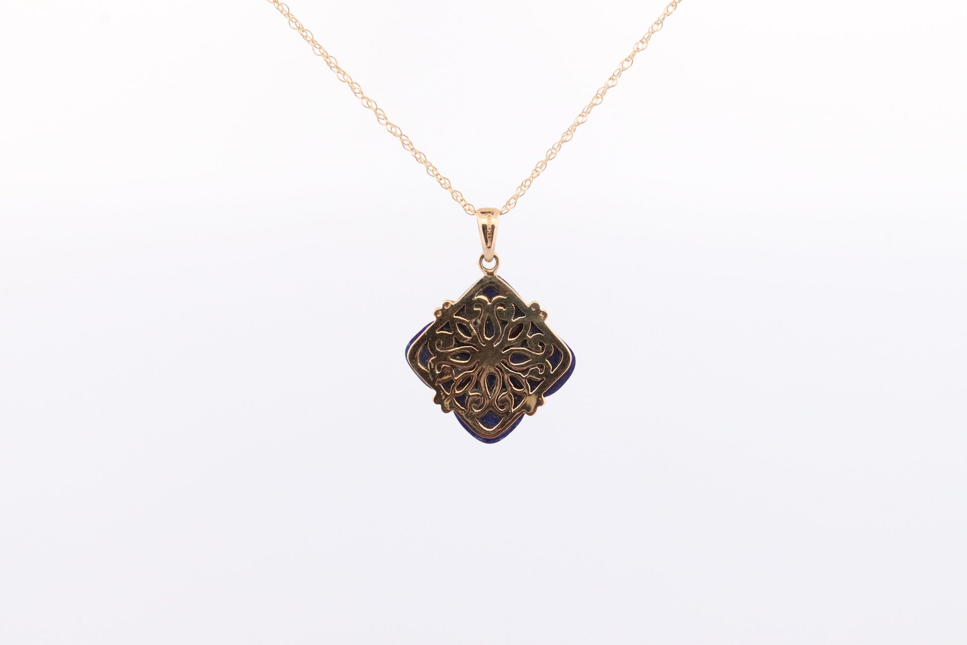 14k Lapis Lazuli Pendant. GIFT square wrapped presents Blue Lapis Lazuli gold Necklace. Carved Lapis Blue. st(124)