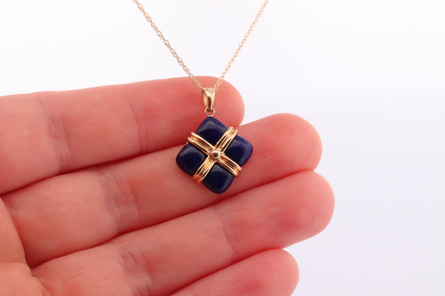 14k Lapis Lazuli Pendant. GIFT square wrapped presents Blue Lapis Lazuli gold Necklace. Carved Lapis Blue. st(124)