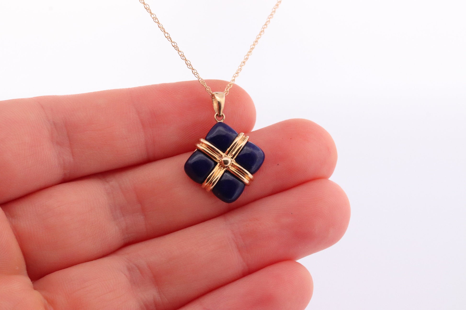 14k Lapis Lazuli Pendant. GIFT square wrapped presents Blue Lapis Lazuli gold Necklace. Carved Lapis Blue. st(124)