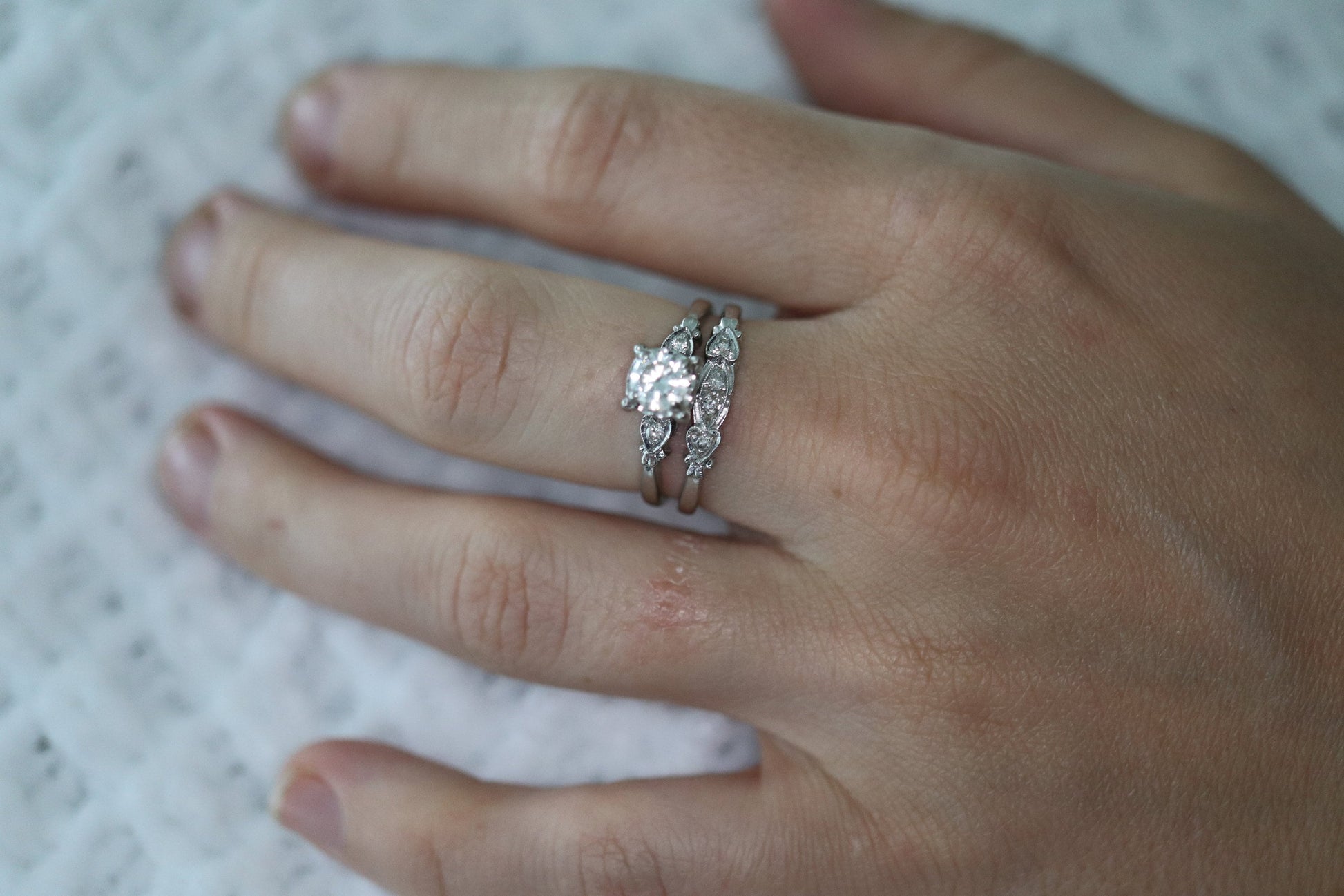 Vintage Art Deco Engagement Ring Set. 1940s. 14k White Gold Diamond Wedding and Engagement Ring Set. Women Sz. 7.5 st(249)