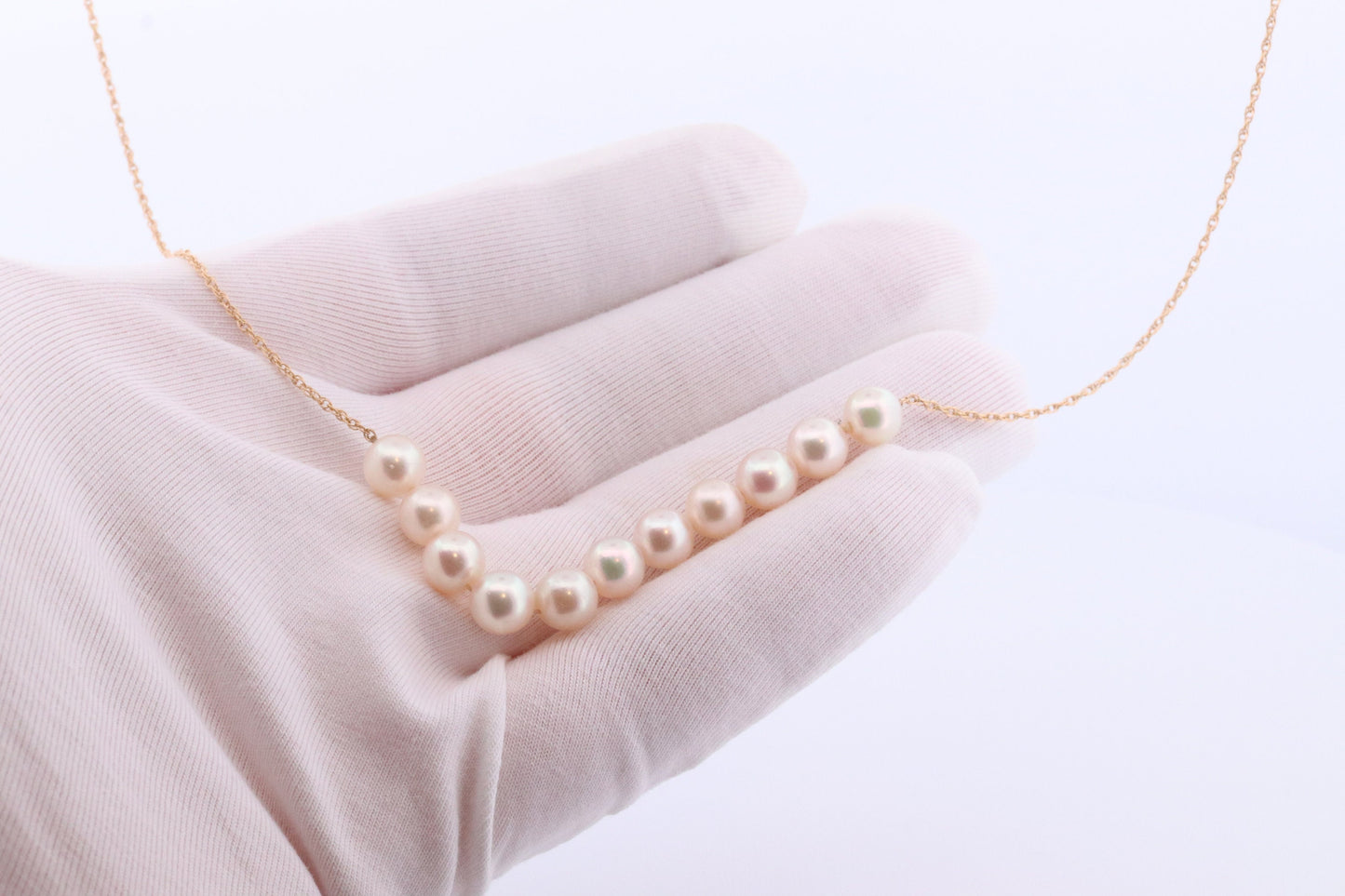 14k Akoya Pearl Necklace. Long Station Pearl Chain Necklace. 27in length 7mm AKOYA pearls. Layering Necklace. st(42)