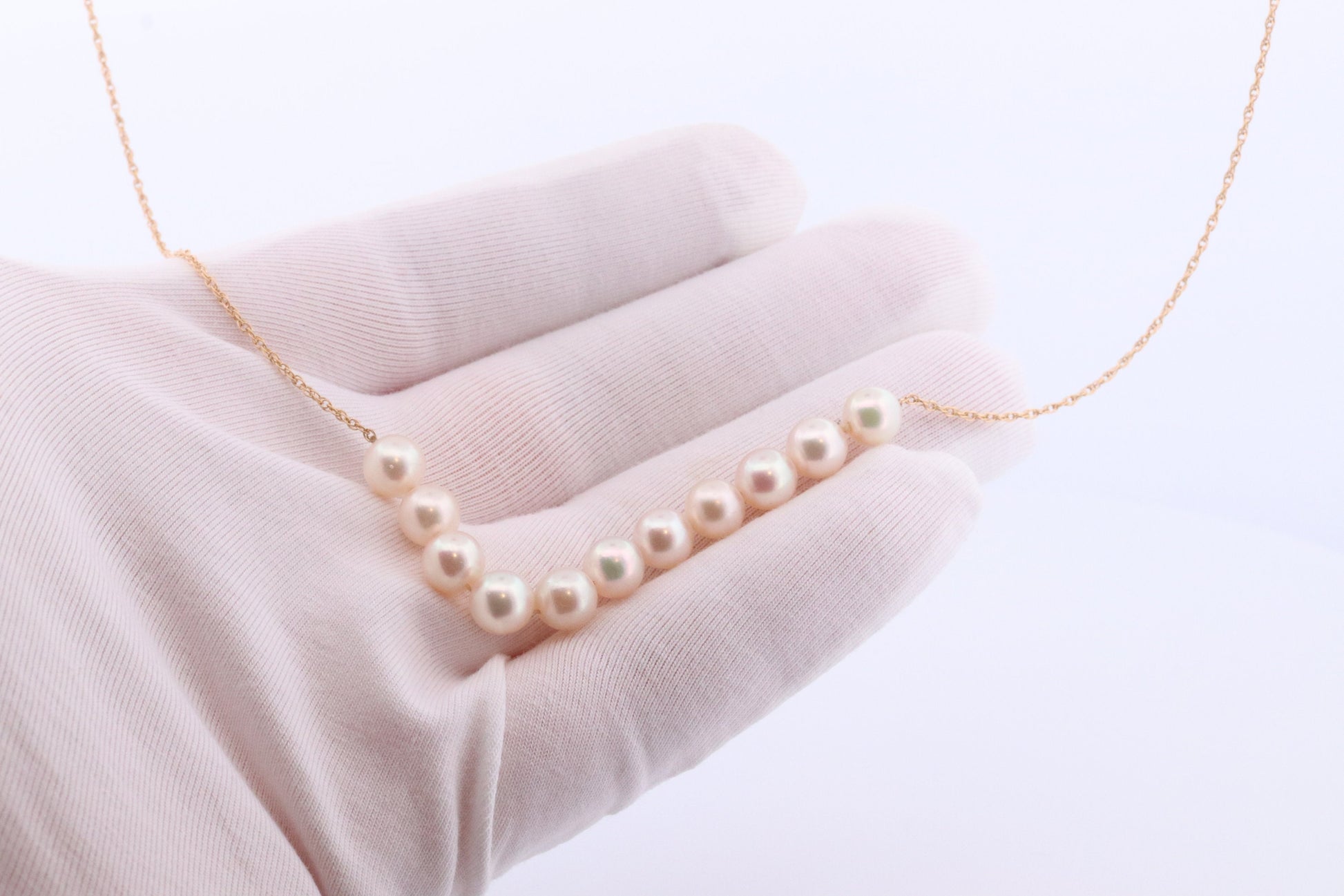 14k Akoya Pearl Necklace. Long Station Pearl Chain Necklace. 27in length 7mm AKOYA pearls. Layering Necklace. st(42)